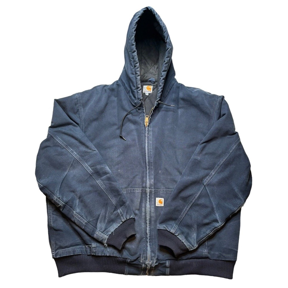 Vintage Carhartt Hooded Jacket Distressed Faded Blue Made In USA Men’s Size 2XL
